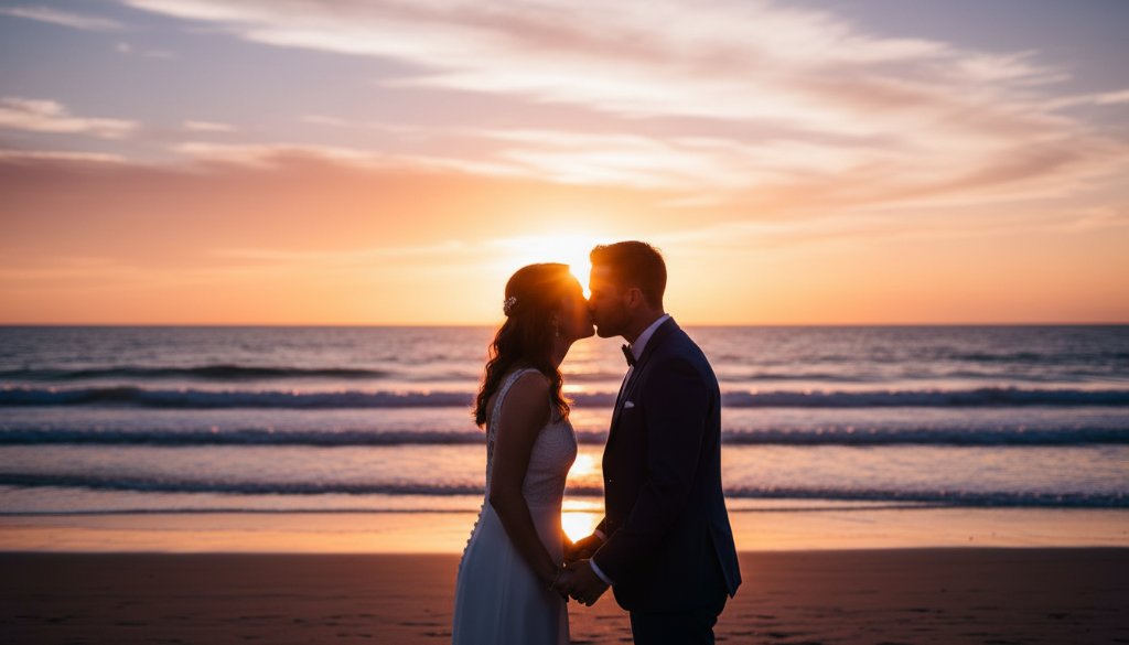 A newly married couple sharing a passionate kiss on Chelsea Beach at sunset, with golden light reflecting on the water, epitomising Chelsea Beach sunset wedding photography Victoria.