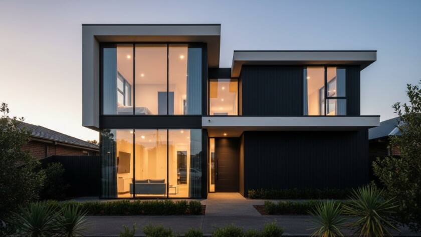 An epic, dramatic wide-angle shot showcasing the sleek, modern facade of a contemporary residential building in Chelsea Heights, Victoria, Australia, illuminated by the warm glow of a golden hour sunset, with strong architectural lines and shadows, highlighting expert Chelsea Heights architectural photography services Victoria.