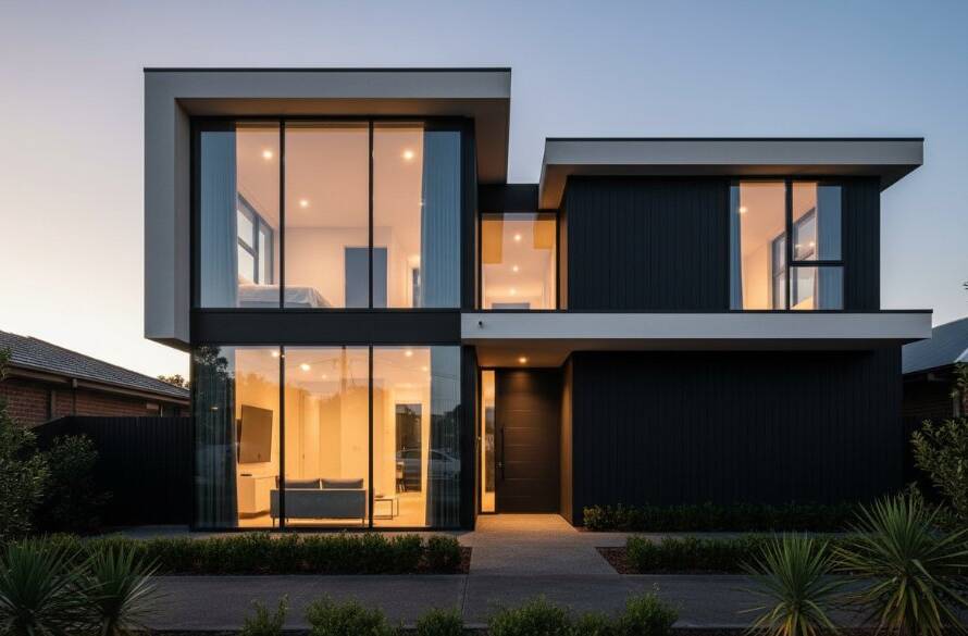 An epic, dramatic wide-angle shot showcasing the sleek, modern facade of a contemporary residential building in Chelsea Heights, Victoria, Australia, illuminated by the warm glow of a golden hour sunset, with strong architectural lines and shadows, highlighting expert Chelsea Heights architectural photography services Victoria.