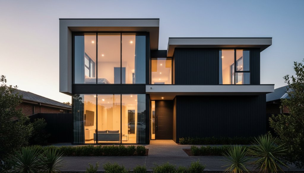 An epic, dramatic wide-angle shot showcasing the sleek, modern facade of a contemporary residential building in Chelsea Heights, Victoria, Australia, illuminated by the warm glow of a golden hour sunset, with strong architectural lines and shadows, highlighting expert Chelsea Heights architectural photography services Victoria.