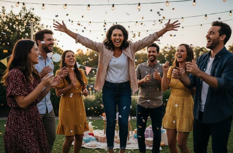 An epic moment captured by a Chelsea Heights birthday party photographer capturing joy, showing a group of friends laughing heartily and clinking glasses under string lights at a vibrant outdoor celebration in Chelsea Heights, with professional dramatic lighting and warm colour grading.