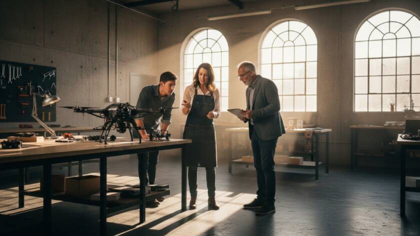 An epic moment captured by Chelsea Heights Commercial Photography Experts: a dynamic, wide-angle shot of a local business owner passionately showcasing their handcrafted product in a modern, sunlit Chelsea Heights workshop, with a diverse team collaborating in the background, exuding professionalism and local community pride.