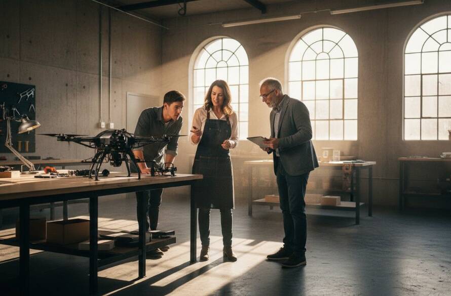 An epic moment captured by Chelsea Heights Commercial Photography Experts: a dynamic, wide-angle shot of a local business owner passionately showcasing their handcrafted product in a modern, sunlit Chelsea Heights workshop, with a diverse team collaborating in the background, exuding professionalism and local community pride.