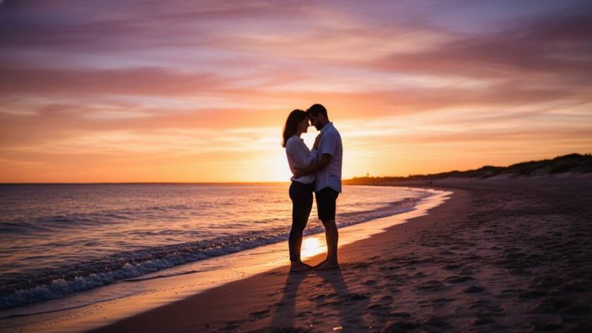 A couple embracing during their Chelsea Heights engagement photography intimate sunset session, with the golden hour light silhouetting them against a calm bay, capturing an epic moment of connection.