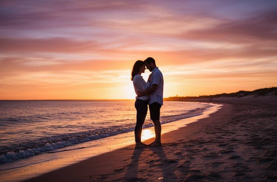 A couple embracing during their Chelsea Heights engagement photography intimate sunset session, with the golden hour light silhouetting them against a calm bay, capturing an epic moment of connection.