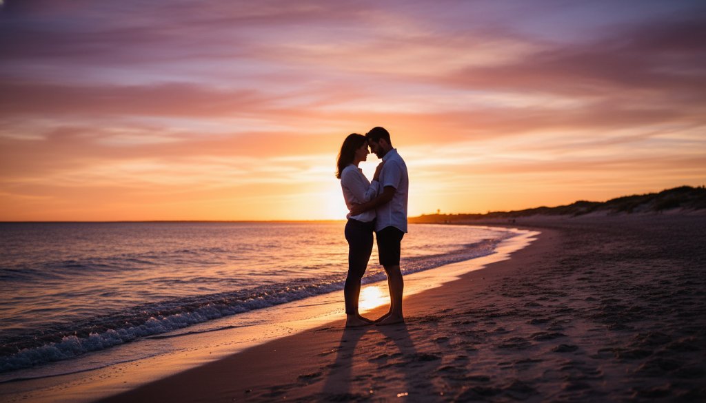 A couple embracing during their Chelsea Heights engagement photography intimate sunset session, with the golden hour light silhouetting them against a calm bay, capturing an epic moment of connection.