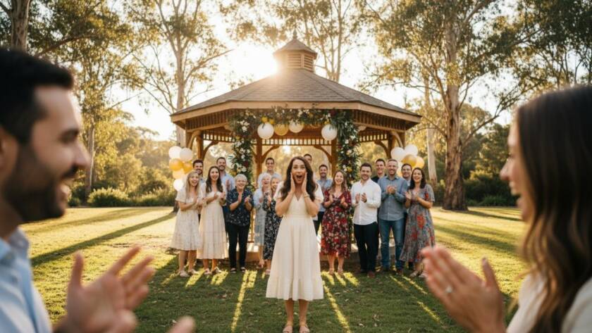 A professional photograph of a couple laughing joyfully at an outdoor wedding reception in Chelsea Heights, illuminated by warm string lights, perfectly encapsulating Chelsea Heights event photography capturing genuine joy.