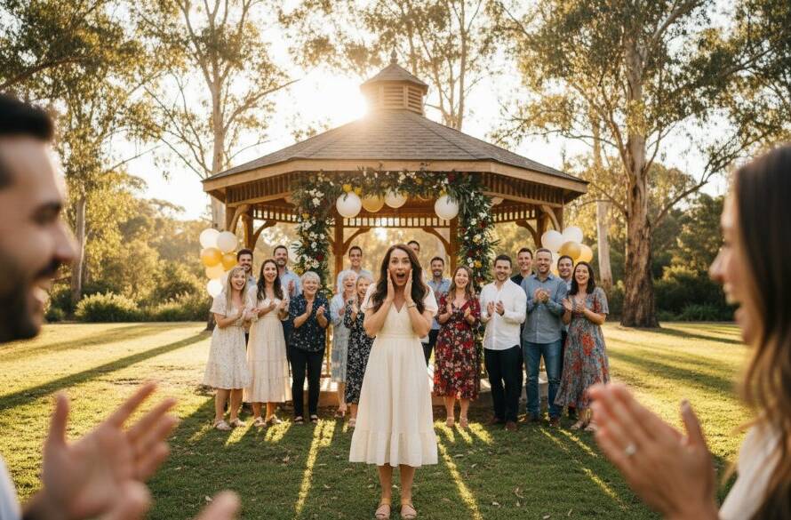 A professional photograph of a couple laughing joyfully at an outdoor wedding reception in Chelsea Heights, illuminated by warm string lights, perfectly encapsulating Chelsea Heights event photography capturing genuine joy.