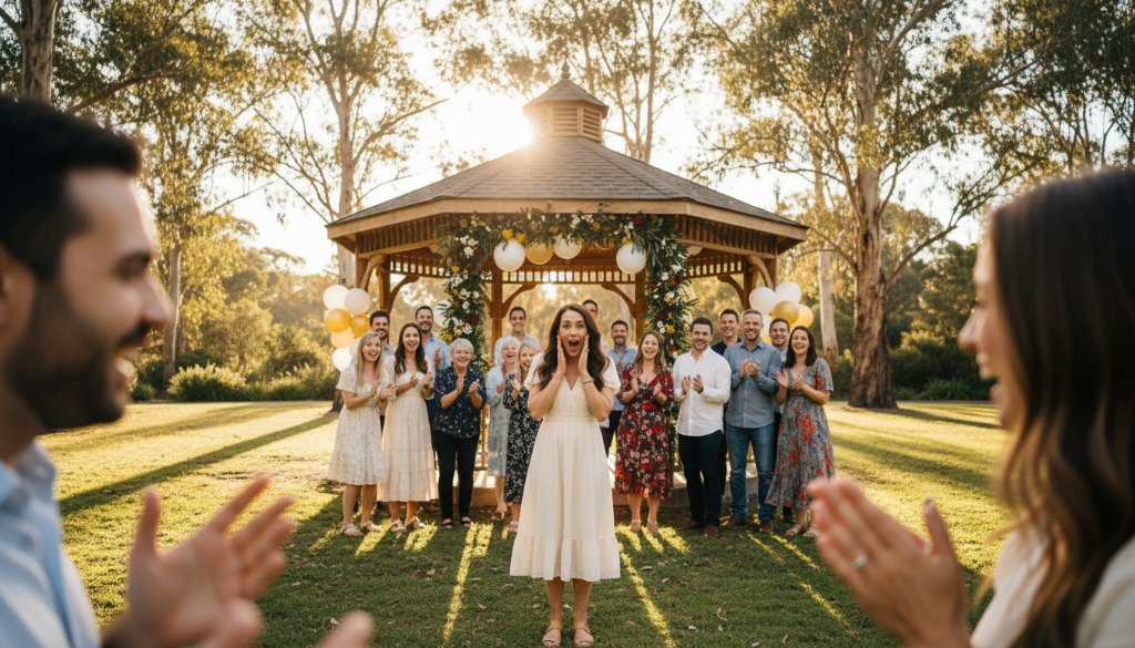 A professional photograph of a couple laughing joyfully at an outdoor wedding reception in Chelsea Heights, illuminated by warm string lights, perfectly encapsulating Chelsea Heights event photography capturing genuine joy.