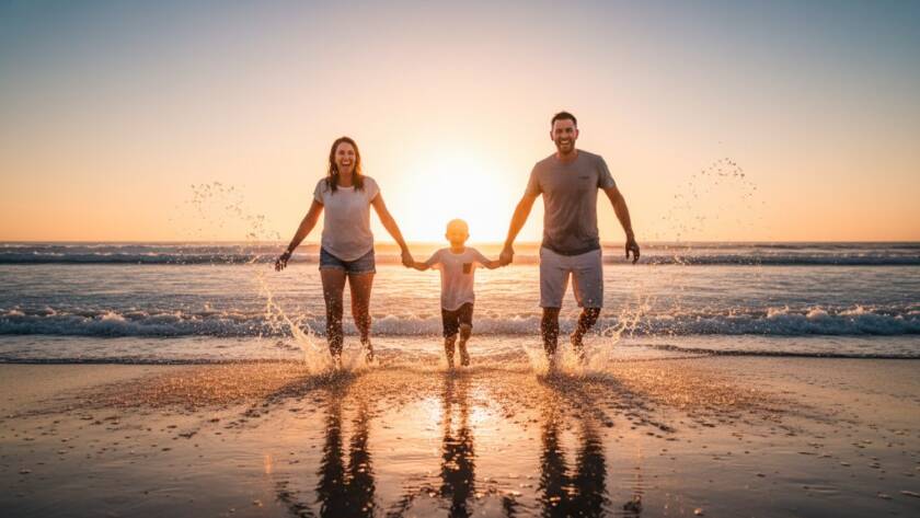 A heartwarming Chelsea Heights family photography candid moment, with parents and children laughing as they play by the bay at sunset, golden light illuminating their joyful faces, capturing an epic moment of connection.