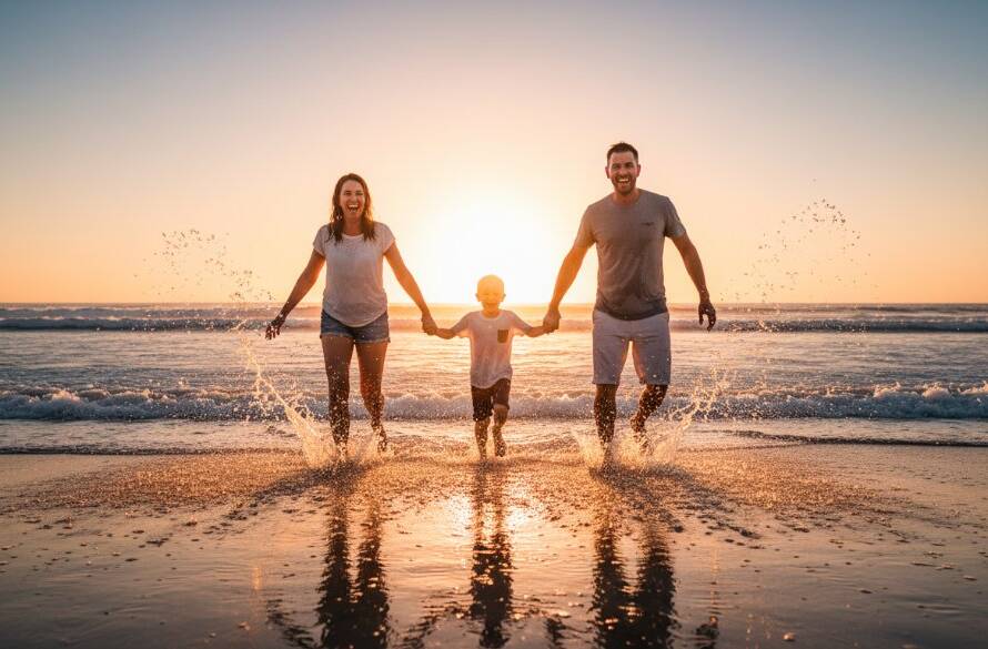 A heartwarming Chelsea Heights family photography candid moment, with parents and children laughing as they play by the bay at sunset, golden light illuminating their joyful faces, capturing an epic moment of connection.
