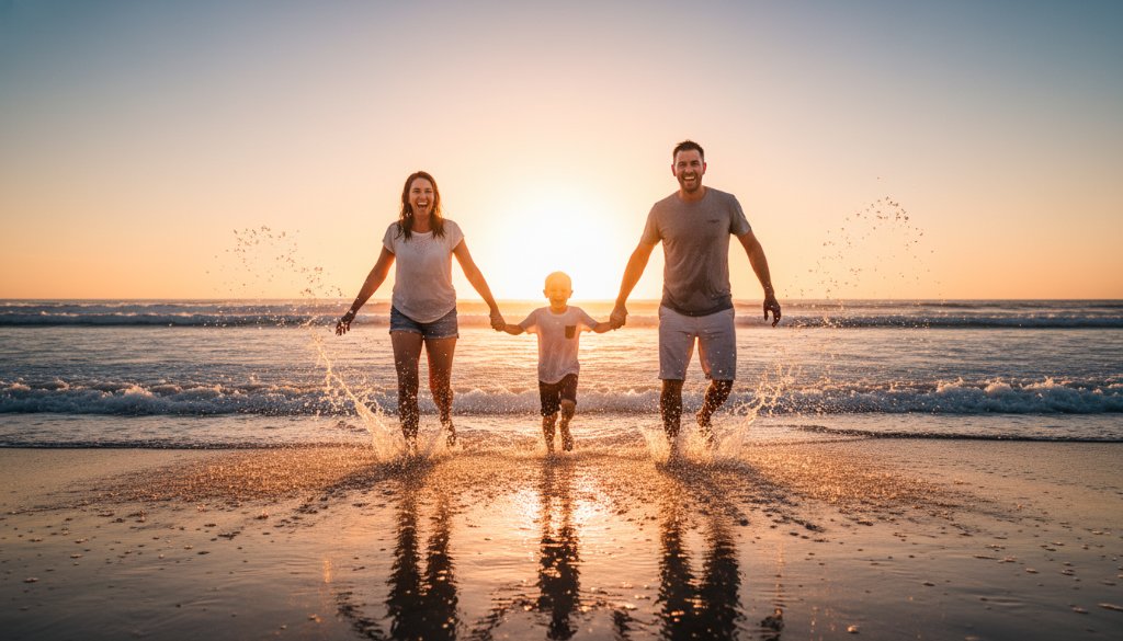 A heartwarming Chelsea Heights family photography candid moment, with parents and children laughing as they play by the bay at sunset, golden light illuminating their joyful faces, capturing an epic moment of connection.