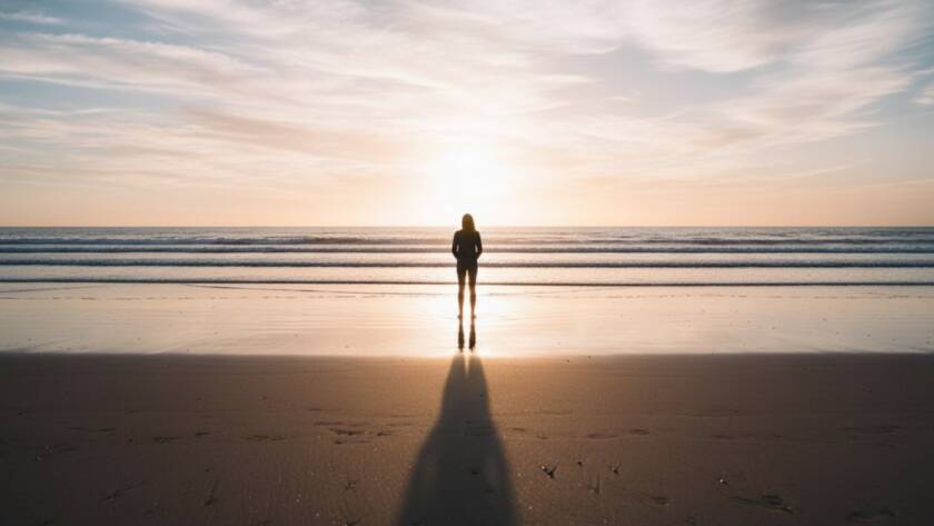 An epic, dramatically lit photograph showcasing Chelsea Heights Fine Art Photography Coastal Serenity, with a lone figure silhouetted against a vibrant sunset over the tranquil Port Phillip Bay waters, professional color grading enhancing the serene, artistic mood.