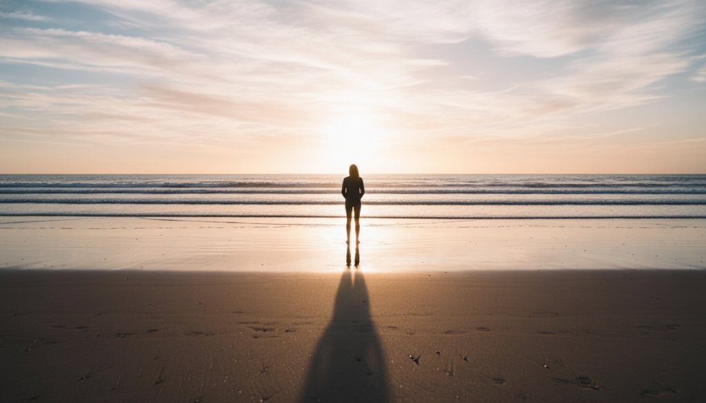 An epic, dramatically lit photograph showcasing Chelsea Heights Fine Art Photography Coastal Serenity, with a lone figure silhouetted against a vibrant sunset over the tranquil Port Phillip Bay waters, professional color grading enhancing the serene, artistic mood.