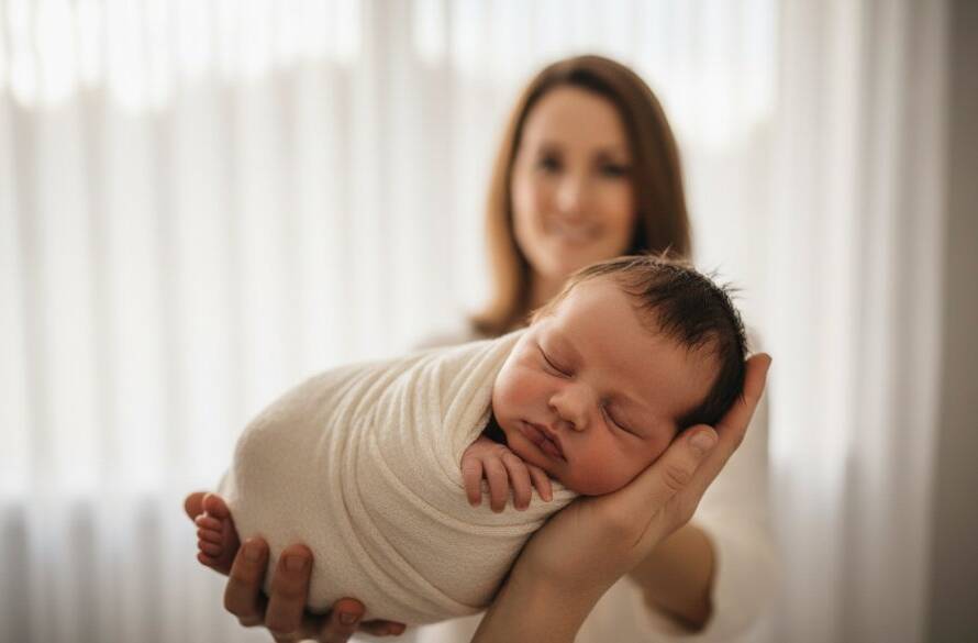 An 'epic moment' photograph capturing a newborn baby peacefully sleeping, swaddled in soft cream fabric, held gently in a parent's hands, bathed in warm, soft window light, showcasing the serene and tender Chelsea Heights natural newborn photography experience.