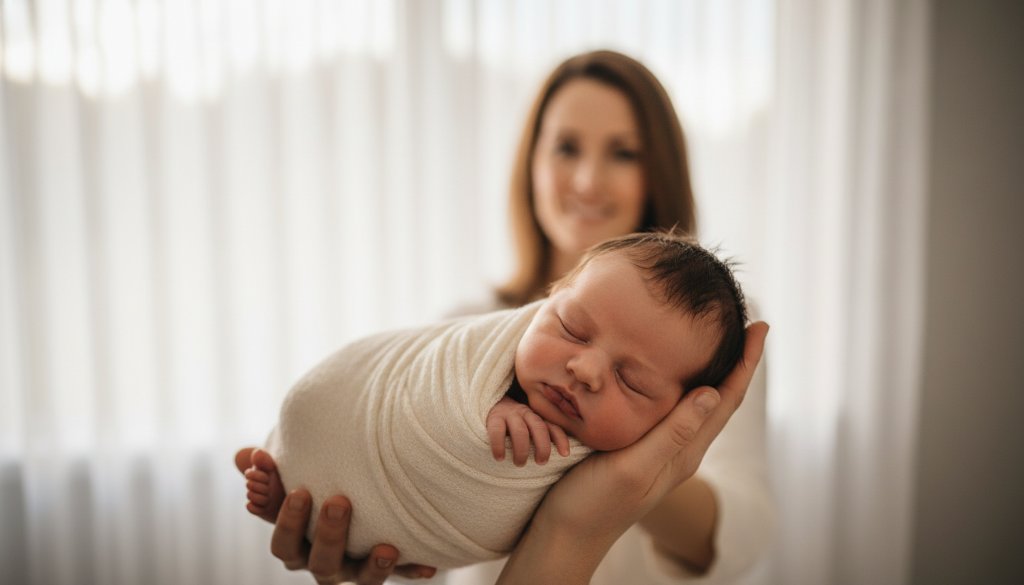 An 'epic moment' photograph capturing a newborn baby peacefully sleeping, swaddled in soft cream fabric, held gently in a parent's hands, bathed in warm, soft window light, showcasing the serene and tender Chelsea Heights natural newborn photography experience.