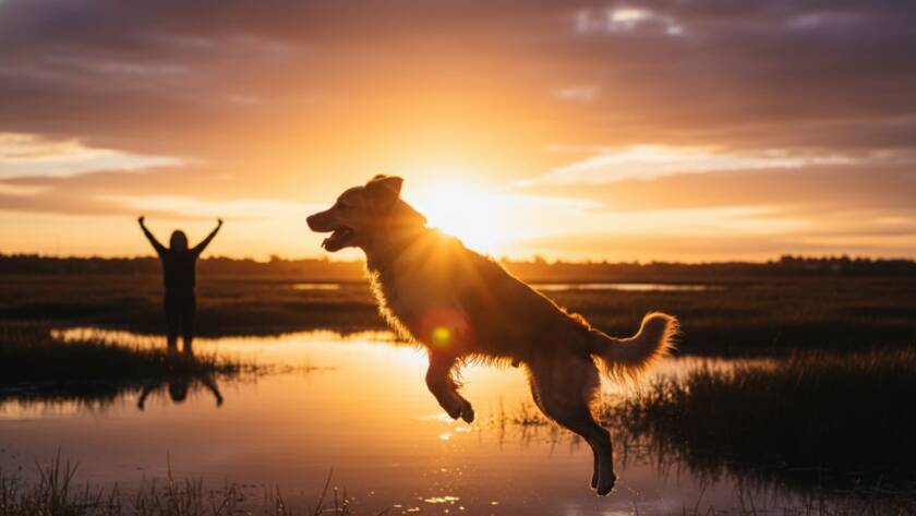 An epic moment of a golden retriever joyfully leaping through golden afternoon light in a park in Chelsea Heights, its owner laughing in the background, perfectly illustrating Chelsea Heights pet photography capturing joyful moments.