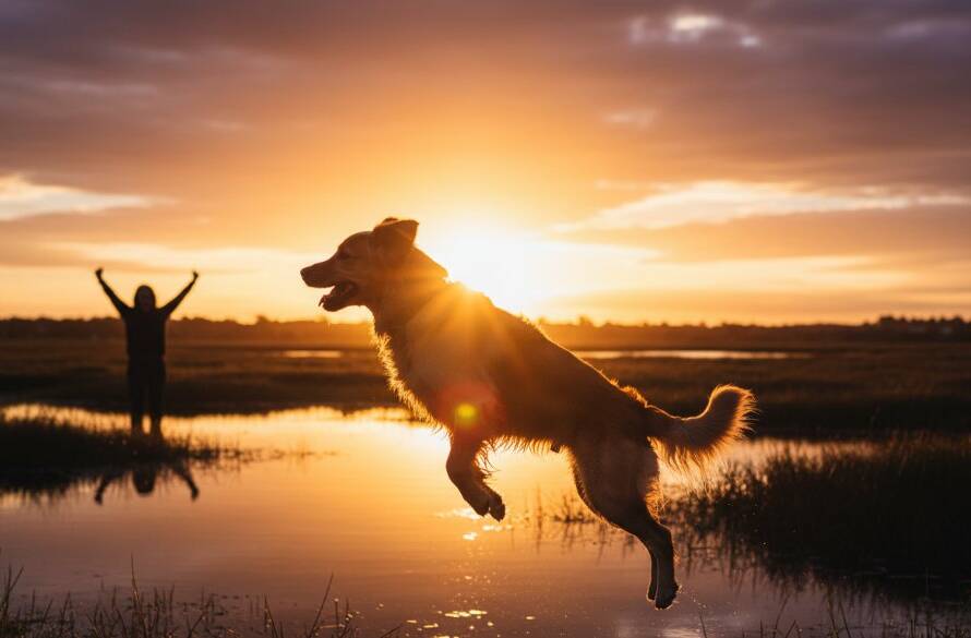 An epic moment of a golden retriever joyfully leaping through golden afternoon light in a park in Chelsea Heights, its owner laughing in the background, perfectly illustrating Chelsea Heights pet photography capturing joyful moments.