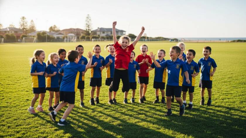 A candid, sun-drenched photograph of a group of joyful primary school students from Chelsea, Victoria, laughing and interacting naturally in their school playground, embodying authentic Chelsea school photography Victoria capturing authentic smiles with dramatic backlighting and vibrant colours.