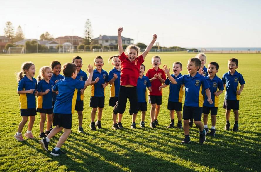 A candid, sun-drenched photograph of a group of joyful primary school students from Chelsea, Victoria, laughing and interacting naturally in their school playground, embodying authentic Chelsea school photography Victoria capturing authentic smiles with dramatic backlighting and vibrant colours.