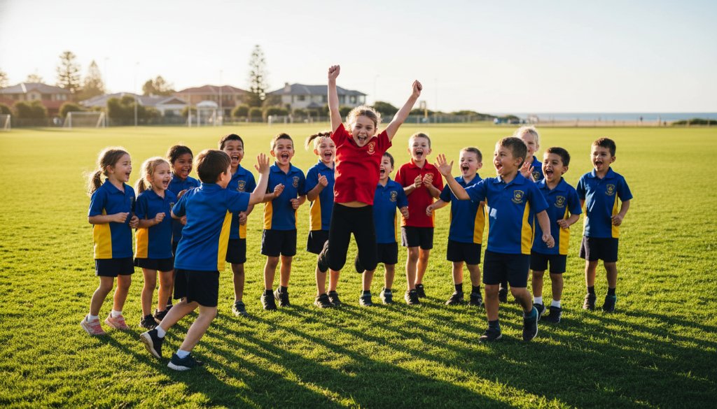 A candid, sun-drenched photograph of a group of joyful primary school students from Chelsea, Victoria, laughing and interacting naturally in their school playground, embodying authentic Chelsea school photography Victoria capturing authentic smiles with dramatic backlighting and vibrant colours.