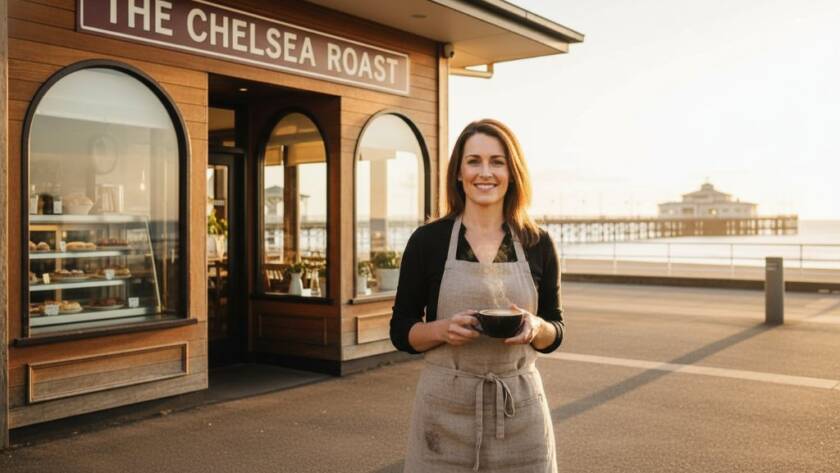 An epic moment capture of a confident female entrepreneur having a Chelsea Victoria Branding Photography for Small Businesses session, standing proudly by the iconic Chelsea Beach pier at sunset, holding a product, with dramatic golden hour light illuminating her and the vibrant coastal background, cinematic style, professional colour grading.