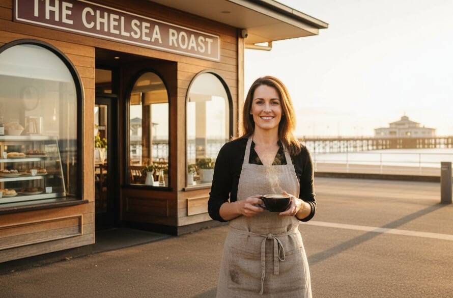 An epic moment capture of a confident female entrepreneur having a Chelsea Victoria Branding Photography for Small Businesses session, standing proudly by the iconic Chelsea Beach pier at sunset, holding a product, with dramatic golden hour light illuminating her and the vibrant coastal background, cinematic style, professional colour grading.