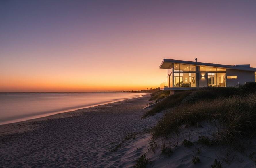 A wide, dramatic shot capturing the intricate details of a modern minimalist home against the vibrant sunset over Chelsea Beach, highlighting its unique structure through expert Chelsea Victoria coastal architecture photography.