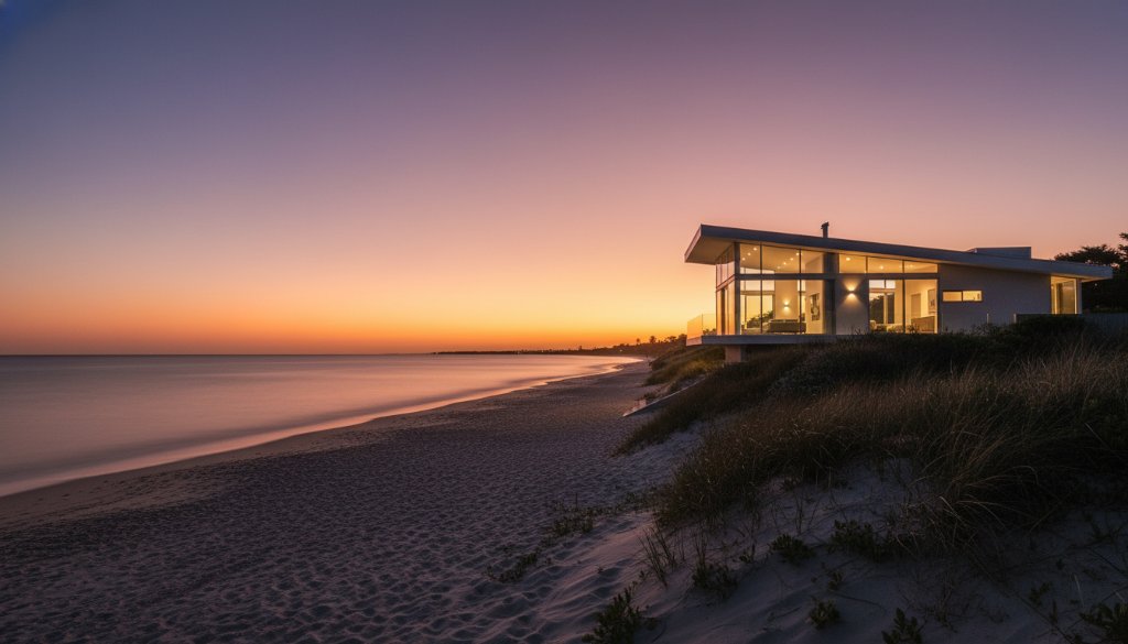 A wide, dramatic shot capturing the intricate details of a modern minimalist home against the vibrant sunset over Chelsea Beach, highlighting its unique structure through expert Chelsea Victoria coastal architecture photography.