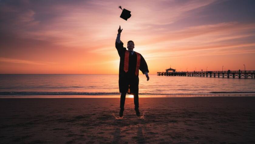 A triumphant graduate, beaming with joy, throwing their cap into the golden hour sky over the stunning Chelsea Beach at sunset, celebrating their Chelsea Victoria high school graduation photography milestone with dramatic lighting and a sense of achievement.