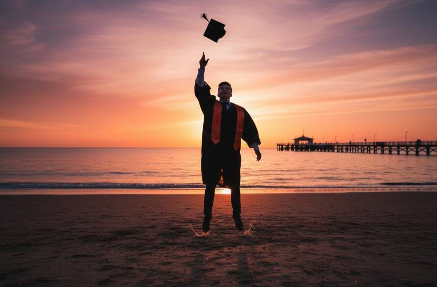 A triumphant graduate, beaming with joy, throwing their cap into the golden hour sky over the stunning Chelsea Beach at sunset, celebrating their Chelsea Victoria high school graduation photography milestone with dramatic lighting and a sense of achievement.