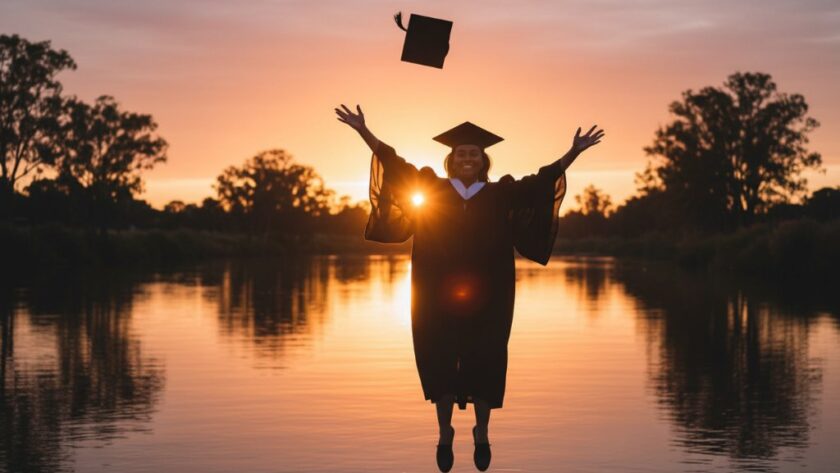 A jubilant graduate, dressed in cap and gown, beaming with pride, throws their cap high into the clear blue Mooroopna sky at sunset. The 'Cherish Mooroopna graduation portraits Goulburn Valley' moment is captured with dramatic backlighting, showcasing the iconic Goulburn River in the background, symbolising achievement and new beginnings.