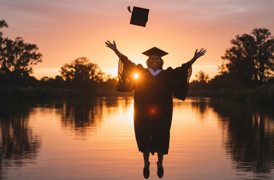 A jubilant graduate, dressed in cap and gown, beaming with pride, throws their cap high into the clear blue Mooroopna sky at sunset. The 'Cherish Mooroopna graduation portraits Goulburn Valley' moment is captured with dramatic backlighting, showcasing the iconic Goulburn River in the background, symbolising achievement and new beginnings.