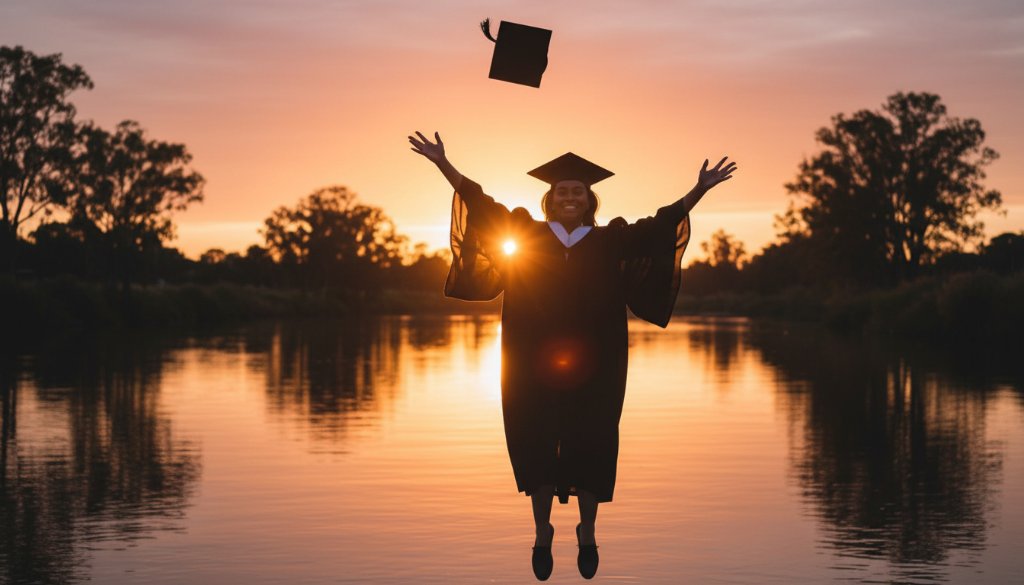 A jubilant graduate, dressed in cap and gown, beaming with pride, throws their cap high into the clear blue Mooroopna sky at sunset. The 'Cherish Mooroopna graduation portraits Goulburn Valley' moment is captured with dramatic backlighting, showcasing the iconic Goulburn River in the background, symbolising achievement and new beginnings.