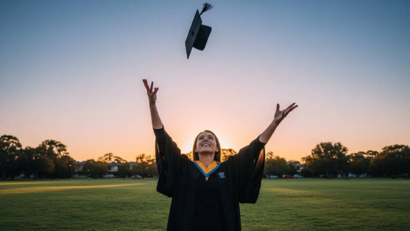 A joyous university graduate, beaming with pride, tossing their cap against a vibrant sunset sky over Wantirna South, perfectly illustrating the magic of Cherish Your Graduation Day Photos Wantirna South. Professional, cinematic style with dramatic flair.