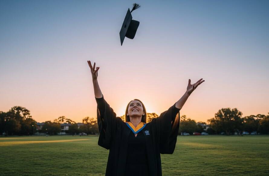 A joyous university graduate, beaming with pride, tossing their cap against a vibrant sunset sky over Wantirna South, perfectly illustrating the magic of Cherish Your Graduation Day Photos Wantirna South. Professional, cinematic style with dramatic flair.