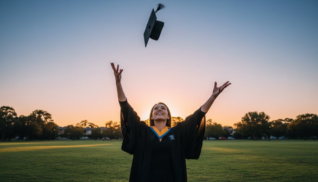 A joyous university graduate, beaming with pride, tossing their cap against a vibrant sunset sky over Wantirna South, perfectly illustrating the magic of Cherish Your Graduation Day Photos Wantirna South. Professional, cinematic style with dramatic flair.