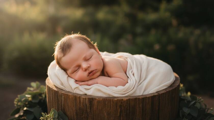 A stunning, cinematic 'epic moment' photograph capturing cherished baby portraits Langwarrin VIC artistry, featuring a sleeping newborn gently cradled in a whimsical, light-filled Langwarrin garden setting, with soft golden hour light illuminating their delicate features, evoking pure innocence and peace. Professional color grading enhances the magical, dreamlike atmosphere.