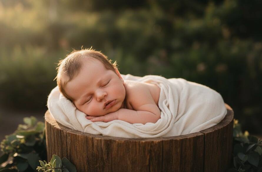 A stunning, cinematic 'epic moment' photograph capturing cherished baby portraits Langwarrin VIC artistry, featuring a sleeping newborn gently cradled in a whimsical, light-filled Langwarrin garden setting, with soft golden hour light illuminating their delicate features, evoking pure innocence and peace. Professional color grading enhances the magical, dreamlike atmosphere.
