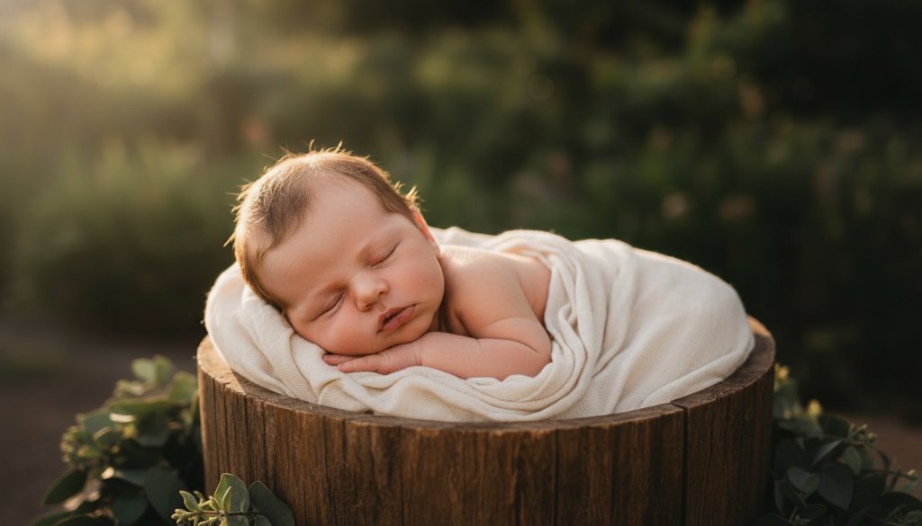 A stunning, cinematic 'epic moment' photograph capturing cherished baby portraits Langwarrin VIC artistry, featuring a sleeping newborn gently cradled in a whimsical, light-filled Langwarrin garden setting, with soft golden hour light illuminating their delicate features, evoking pure innocence and peace. Professional color grading enhances the magical, dreamlike atmosphere.