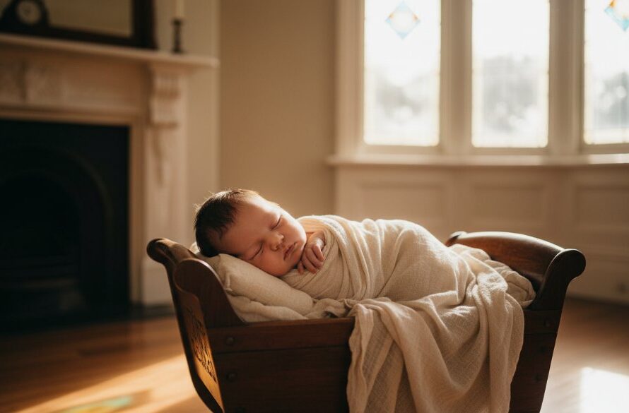 A stunning 'epic moment' photograph capturing 'Cherished Baby Portraits Soldiers Hill Heritage Surrounds'. A newborn baby, peacefully asleep in a rustic wooden bassinet, bathed in warm, soft sunlight streaming through a window of a heritage Soldiers Hill home. The scene is tender and ethereal, with subtle Victorian architectural details in the background, professional colour grading.