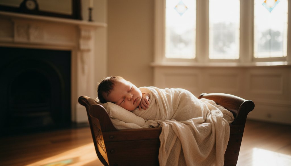 A stunning 'epic moment' photograph capturing 'Cherished Baby Portraits Soldiers Hill Heritage Surrounds'. A newborn baby, peacefully asleep in a rustic wooden bassinet, bathed in warm, soft sunlight streaming through a window of a heritage Soldiers Hill home. The scene is tender and ethereal, with subtle Victorian architectural details in the background, professional colour grading.