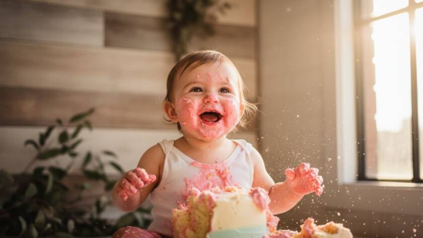 An emotionally vibrant, close-up photograph capturing a baby's pure delight during a Cherished Beaconsfield first birthday cake smash photography session, with cake smeared on their face and hands, sparkling eyes, and a joyful, messy smile, set against a soft, dreamy backdrop with golden hour lighting, creating an epic moment of childhood wonder and celebration.
