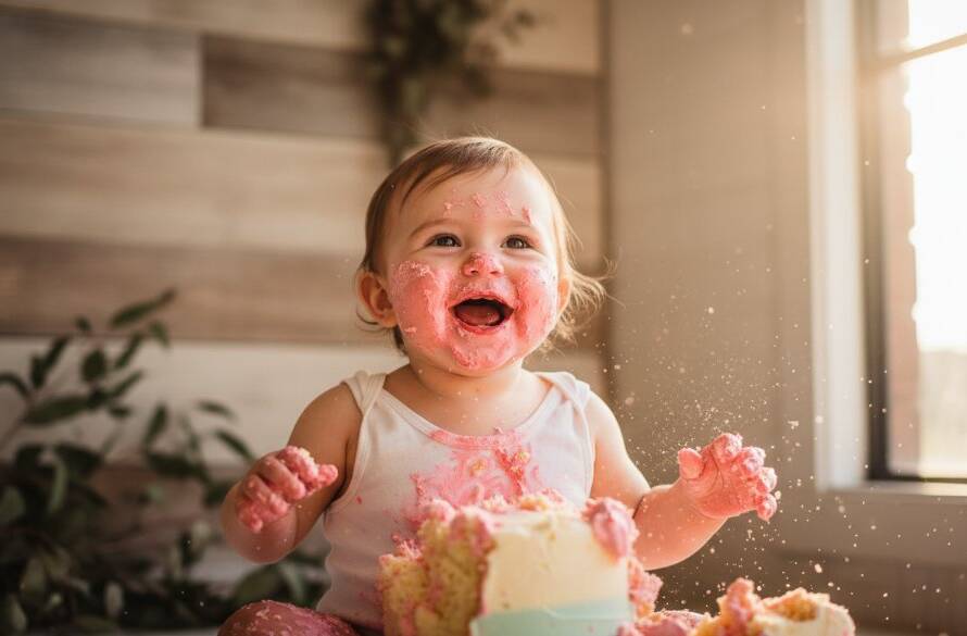 An emotionally vibrant, close-up photograph capturing a baby's pure delight during a Cherished Beaconsfield first birthday cake smash photography session, with cake smeared on their face and hands, sparkling eyes, and a joyful, messy smile, set against a soft, dreamy backdrop with golden hour lighting, creating an epic moment of childhood wonder and celebration.