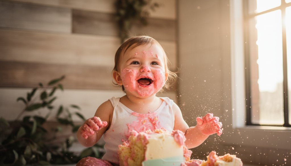 An emotionally vibrant, close-up photograph capturing a baby's pure delight during a Cherished Beaconsfield first birthday cake smash photography session, with cake smeared on their face and hands, sparkling eyes, and a joyful, messy smile, set against a soft, dreamy backdrop with golden hour lighting, creating an epic moment of childhood wonder and celebration.