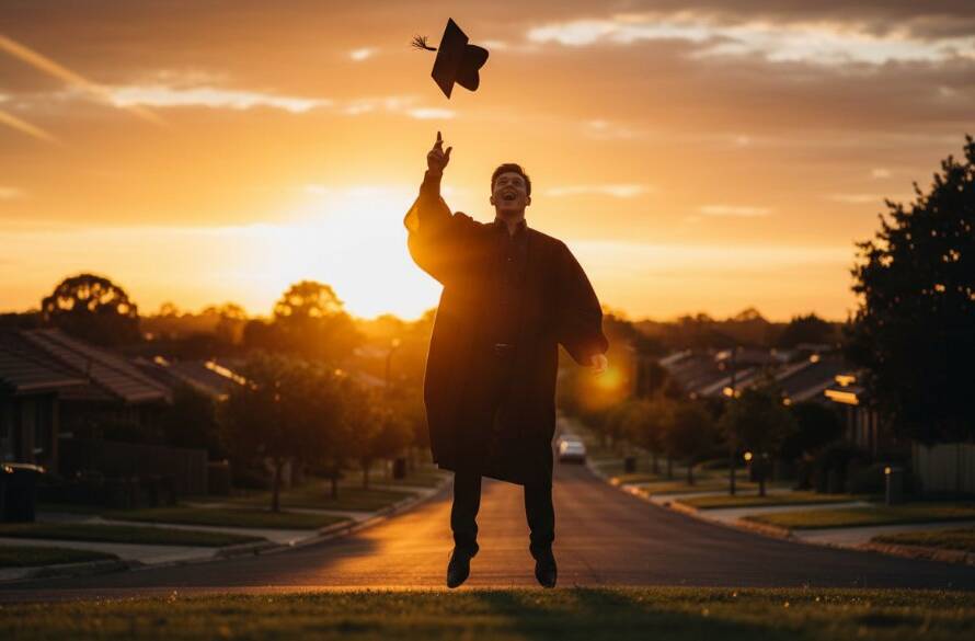 An epic moment from cherished Blackburn North graduation photography moments, showing a proud graduate in their cap and gown, joyfully tossing their cap against a vibrant sunset sky over a treelined street in Blackburn North, radiating pure happiness and achievement, professionally colour graded.