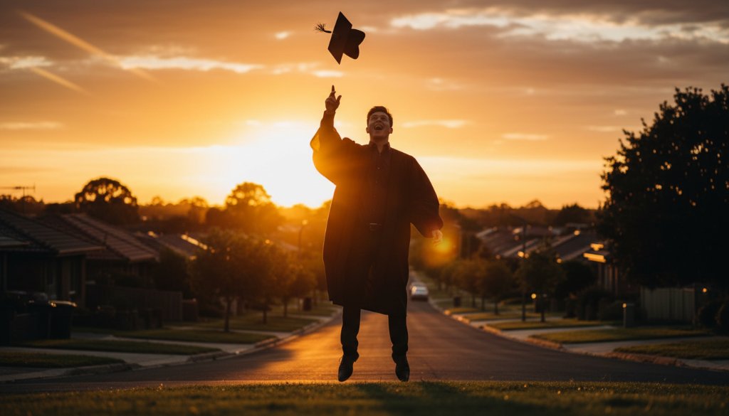 An epic moment from cherished Blackburn North graduation photography moments, showing a proud graduate in their cap and gown, joyfully tossing their cap against a vibrant sunset sky over a treelined street in Blackburn North, radiating pure happiness and achievement, professionally colour graded.