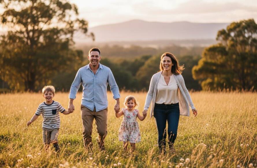 A heartwarming, epic moment captured: A Boronia family laughing joyfully amidst the lush greenery of Knoxfield Gardens at sunset, creating cherished Boronia family photography memories Victoria with warm, golden light filtering through the trees. Professional, cinematic photography.