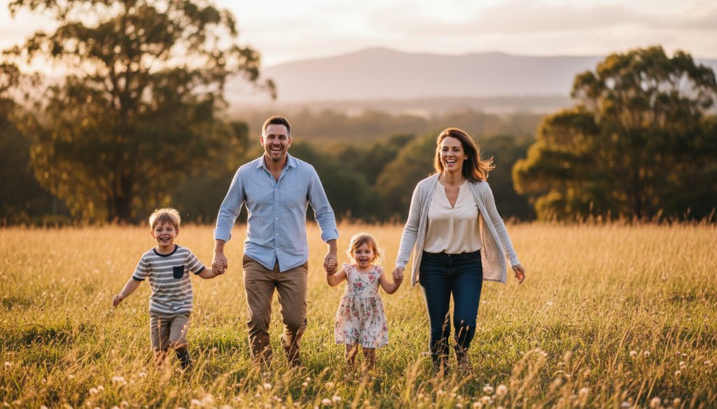 A heartwarming, epic moment captured: A Boronia family laughing joyfully amidst the lush greenery of Knoxfield Gardens at sunset, creating cherished Boronia family photography memories Victoria with warm, golden light filtering through the trees. Professional, cinematic photography.