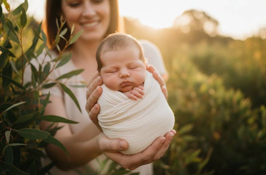 A heartwarming and serene outdoor image of cherished Botanic Ridge newborn photography, featuring a peacefully sleeping baby swaddled in soft fabrics, cradled gently in a parent's hands, with the golden hour sunlight filtering through lush greenery in the background, creating a halo effect around the child, emphasising love and new beginnings, professional studio quality lighting.